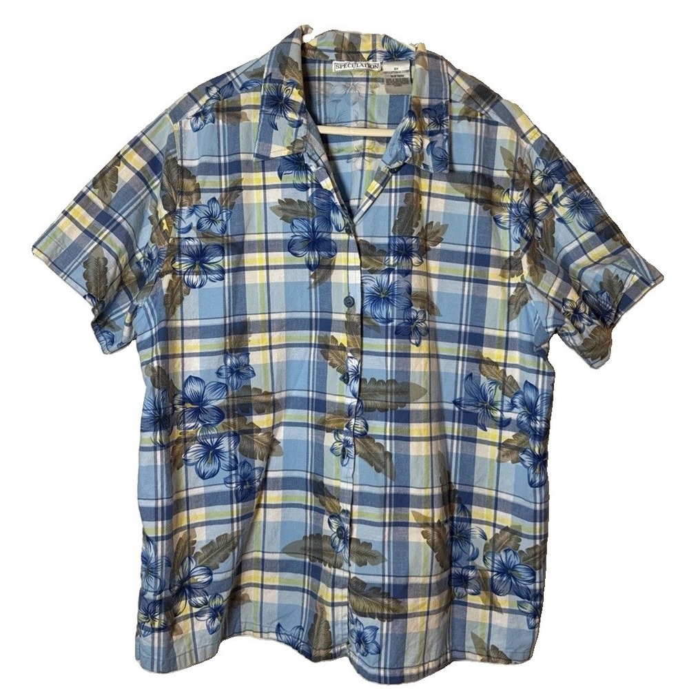 Speculation Plus Women 2X Blue Plaid Floral Button Up Shirt 100% Cotton